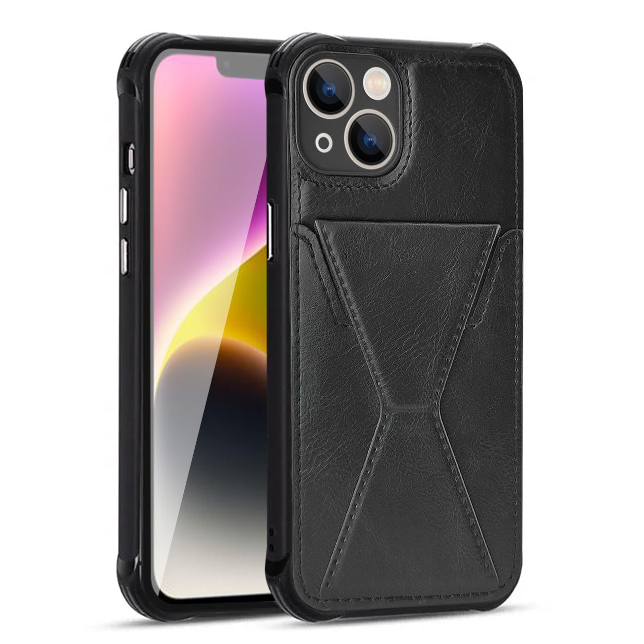 TPU Leather Phone Case for Apple iPhone 14 Plus with Card Holder Strap In Black